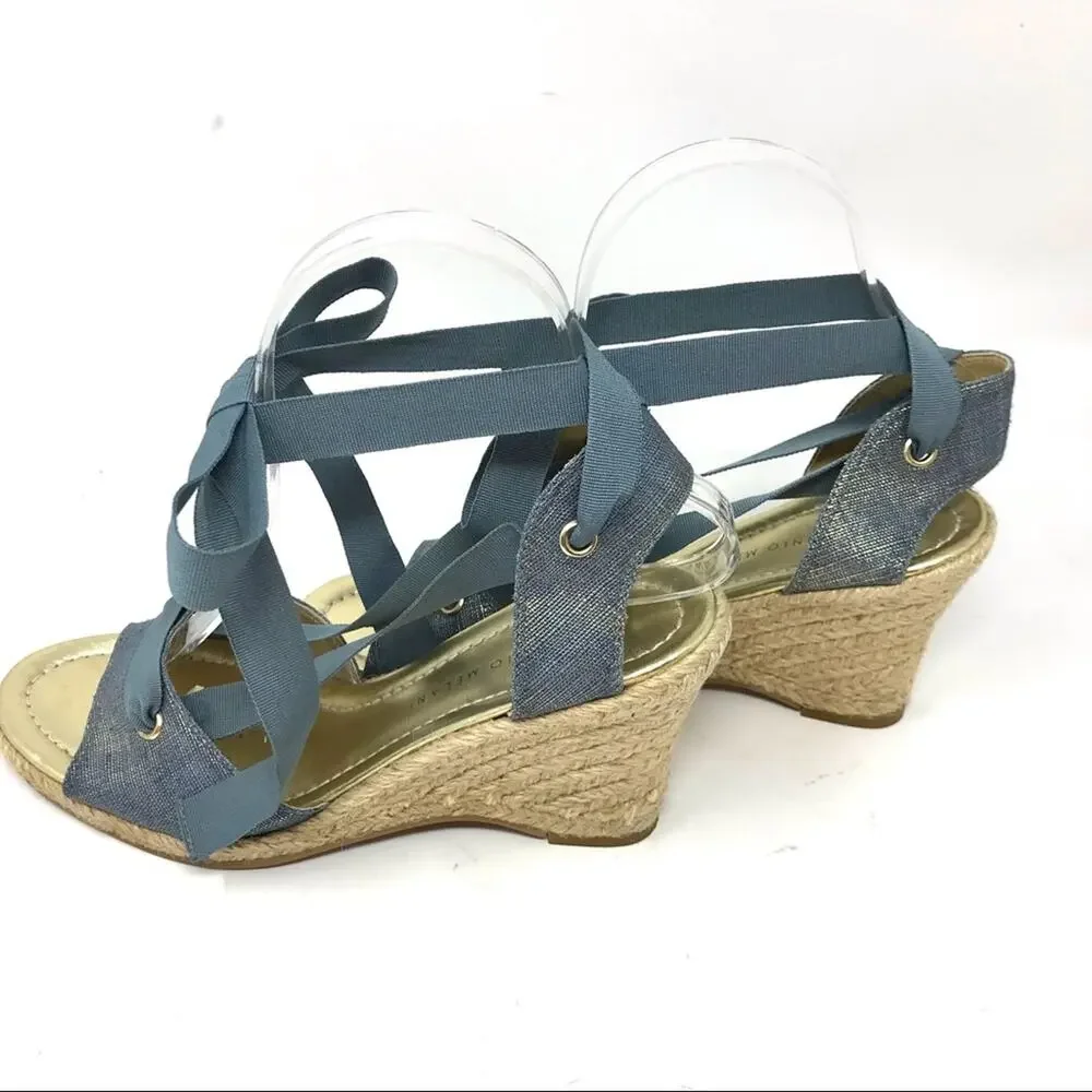Antonio Melani-7 1/2-“Ariel” Blue Metallic Ankle Wrap Espadrille Wedge Sandals